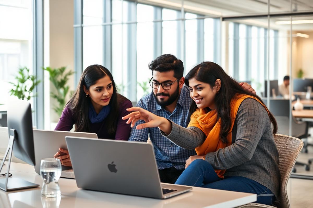Interns collaborating with a mentor in a modern office