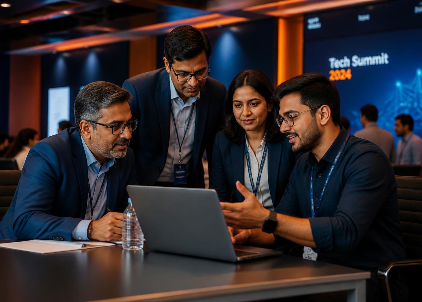 Project managers and a young developer reviewing a solution together at a technology conclave